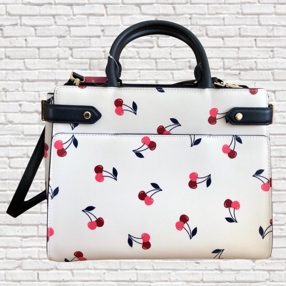 KATE SPADE • Staci Dancing Cherries Printed Leather Medium Convertible Satchel - Picture 3 of 7